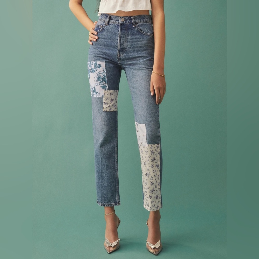 Reformation Floral Patchwork Straight Leg Jeans Size 25 Denim Cottagecore